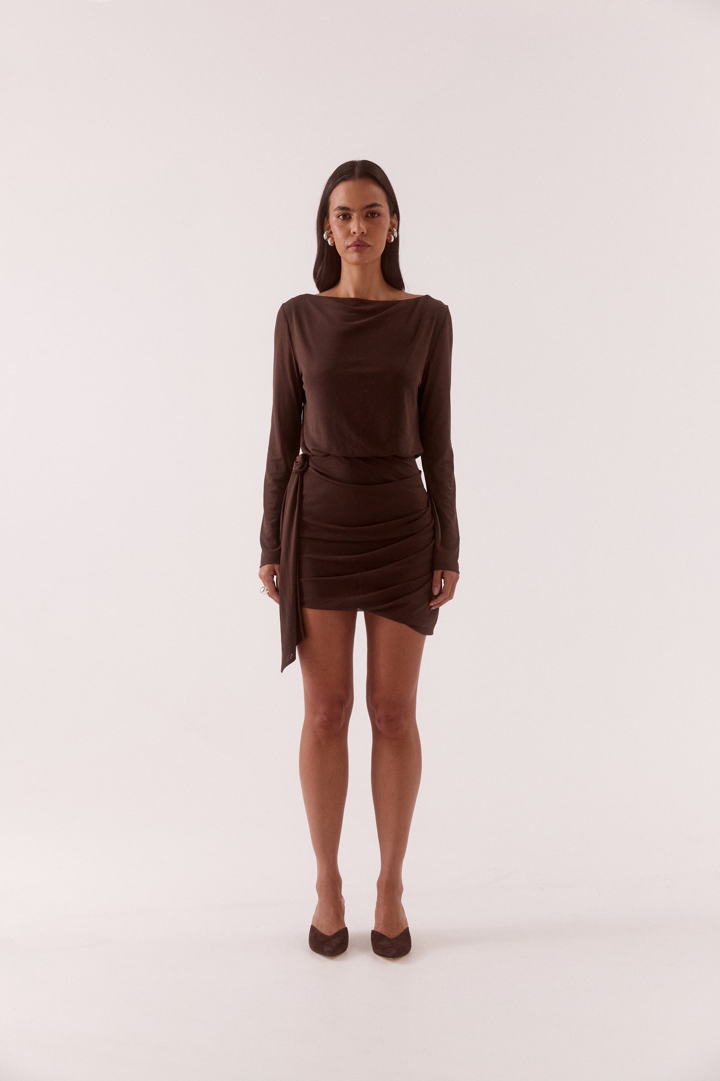 Pre Order JUNE - Myriad Drape Mini Dress - Rum Raisin