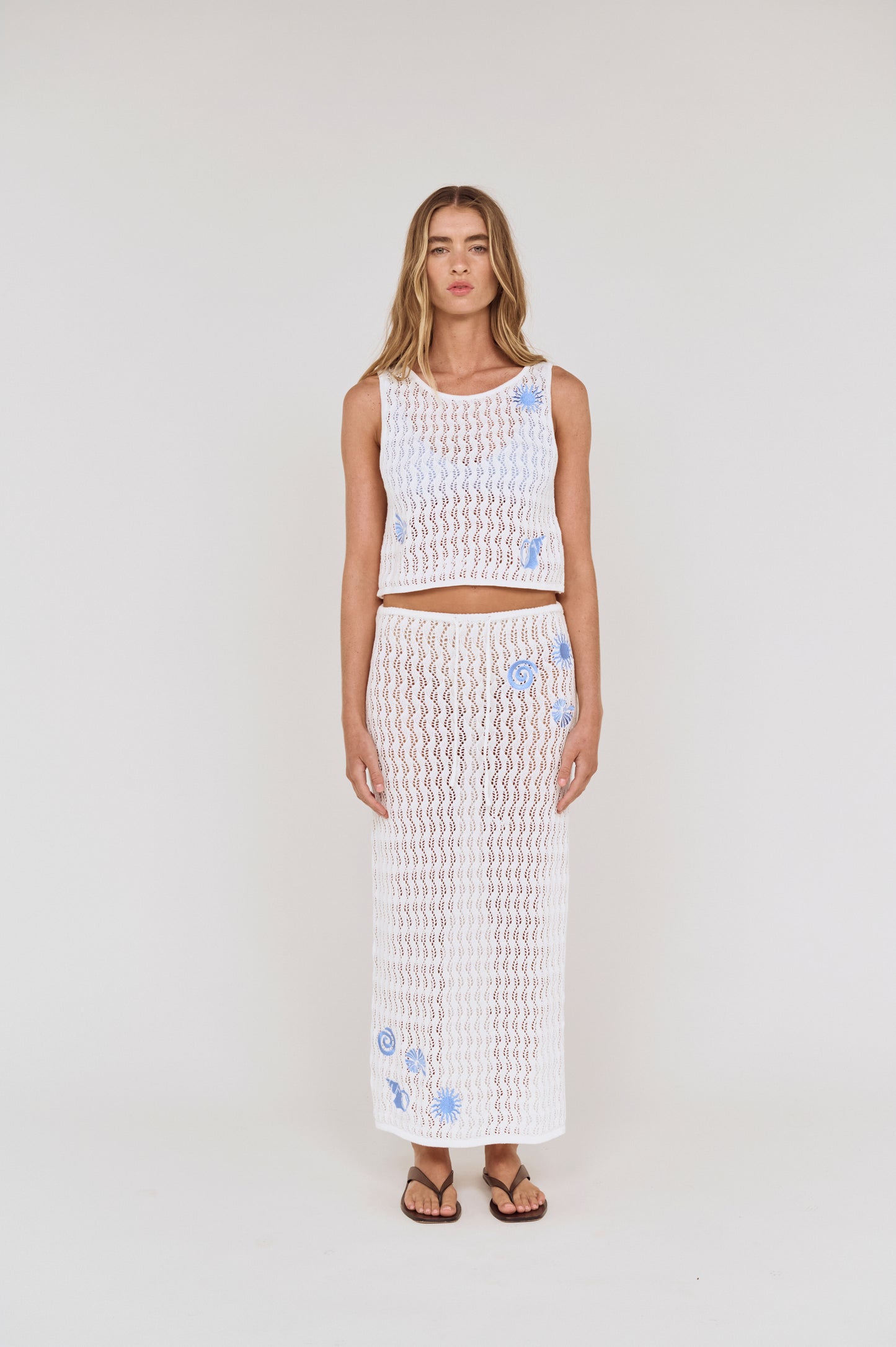 Pre order NOV RESORT -Nerida Embroidered Crochet Midi Skirt