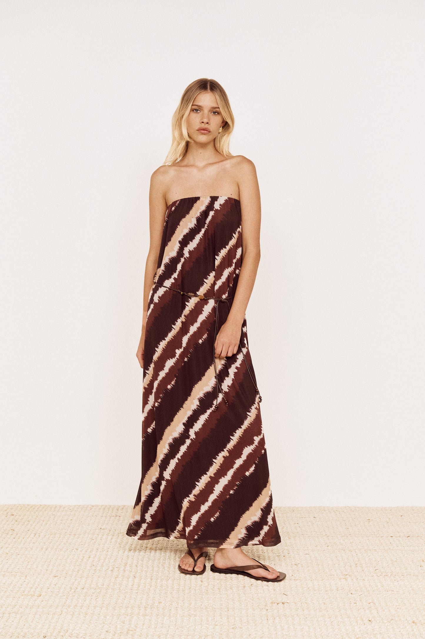 Pre order OCT - Greta Mesh Strapless Midi Dress - Choc Stripe