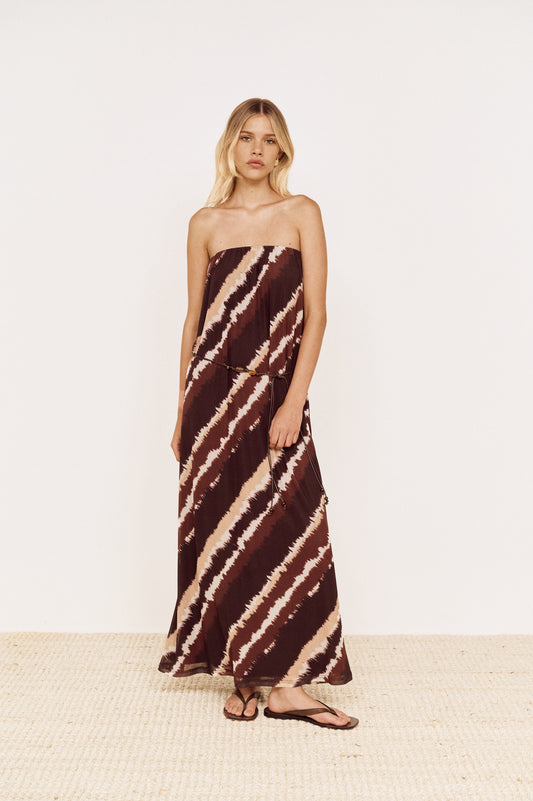 Pre order OCT - Greta Mesh Strapless Midi Dress - Choc Stripe