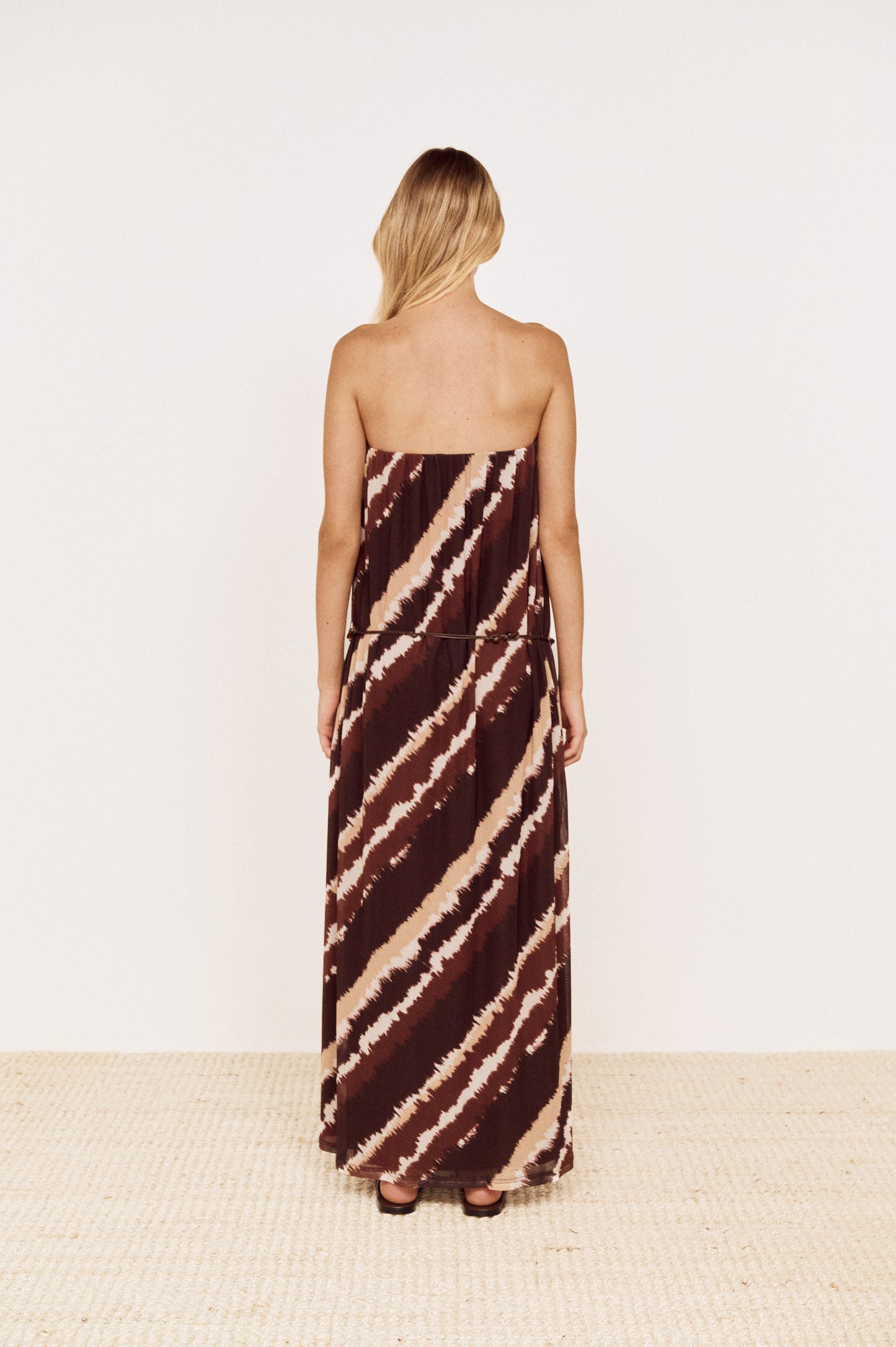 Pre order OCT - Greta Mesh Strapless Midi Dress - Choc Stripe