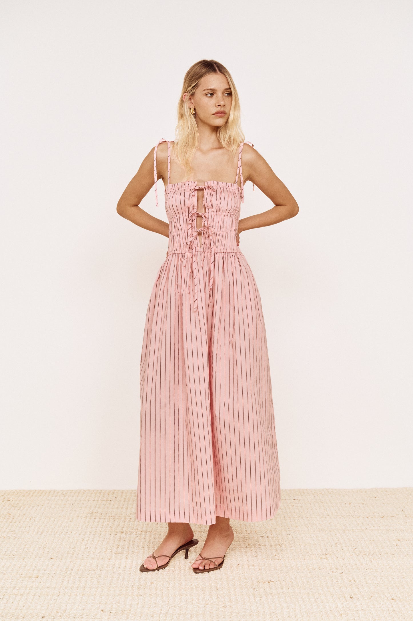 Pre order NOV - Meave Tie Midi Dress - Rose Stripe