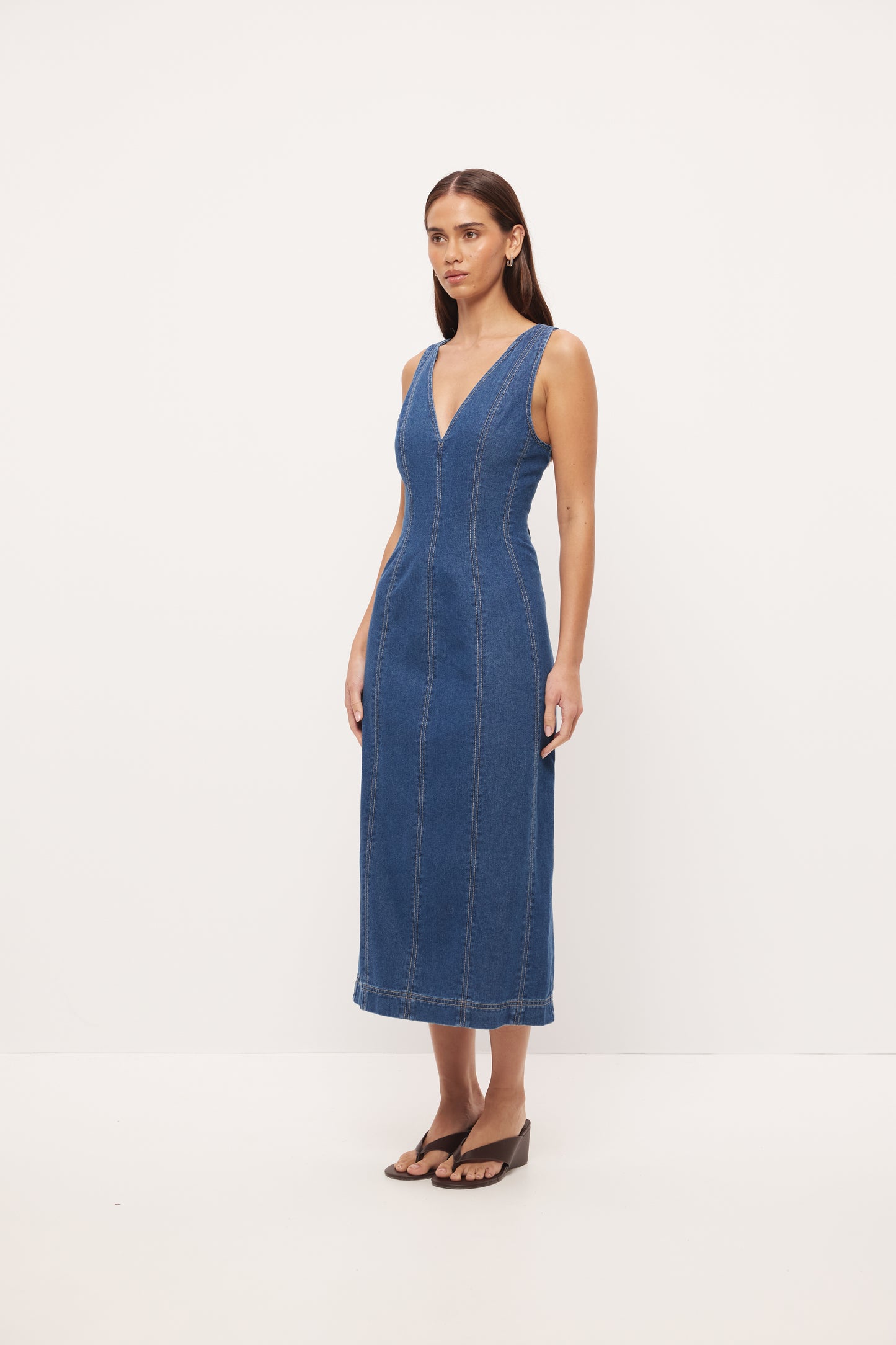 Pre Order NOVEMBER - Hallie Denim Midi Dress - Mid Blue