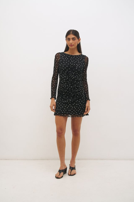 Pre Order JUNE - Vesper Spot Long Sleeve Mini Dress Black